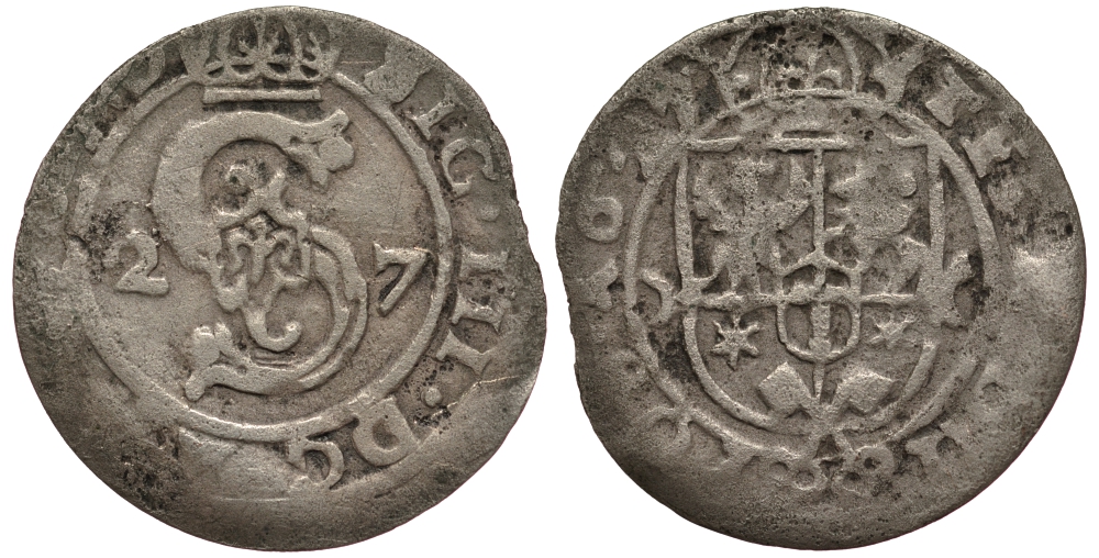 Рига 1 тернар 1627 Сигизмунд III (1587-1632), вес 0,38 гр. KM 12 серебро 1524-842