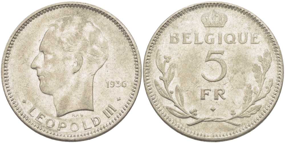 Бельгия 5 франков 1936 Леопольд III (1934-1951), Belgique KM 118 никель 3851-444