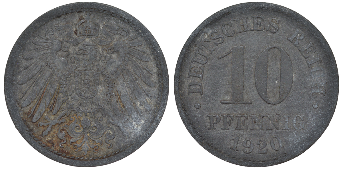 ГЕРМАНИЯ 10 ПФЕННИГОВ 1920 KM 26, J. 299 цинк 45-1261