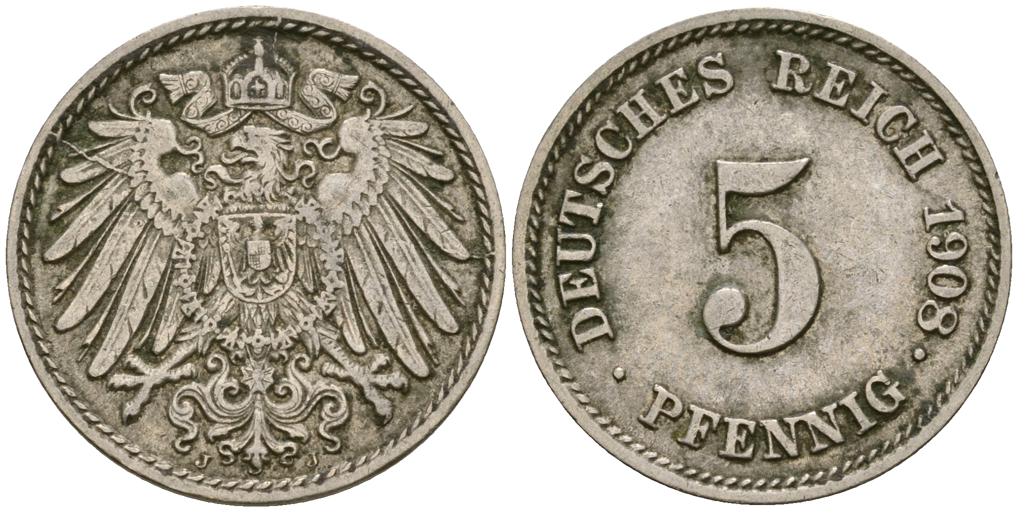 Германия 5 пфеннигов 1908 J KM 11, Jager 12, Weege 6 медно-никель 4364-4544