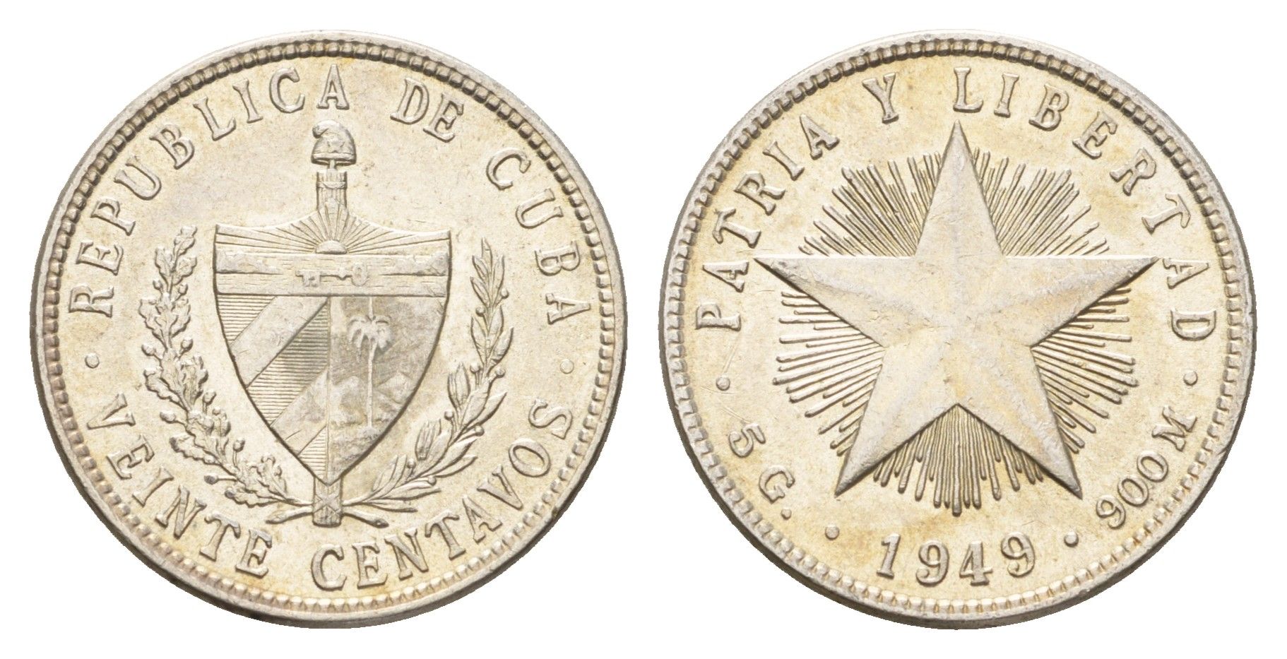 Куба 20 сентаво 1949 KM 13 серебро aUNC 270-1342