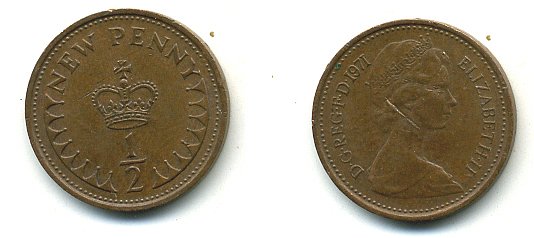 Великобритания 1/2 пенни 1971 Елизавета II (1952-2022) КМ 914, Spink 4239 бронза 4110-1622