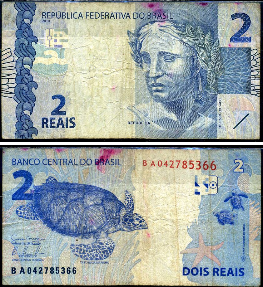 Бразилия 2 реала 2010 голова Республики, морские черепахи Pick 252 a бумага 7221-50-3-1
