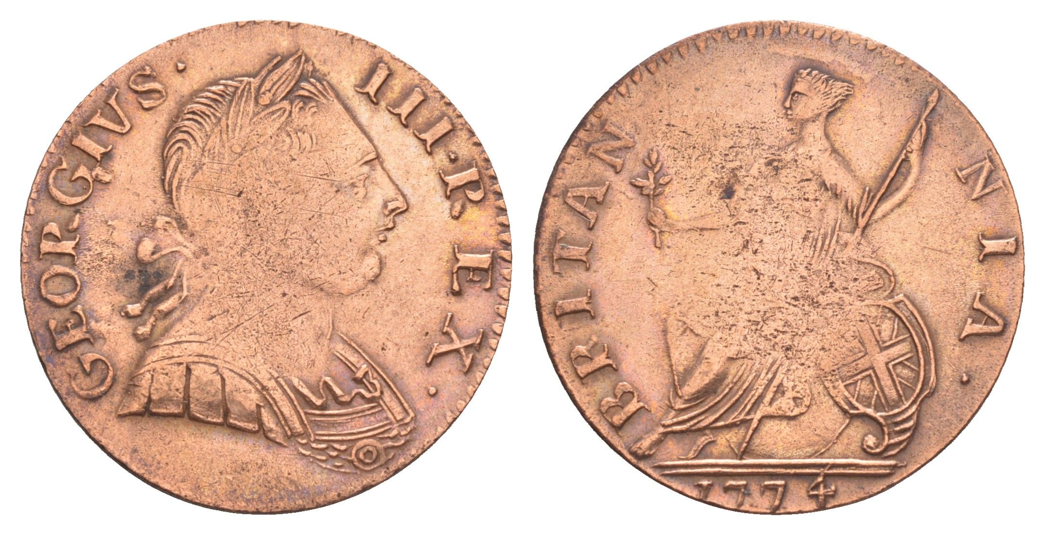 Великобритания 1/2 пенни 1774 Георг III (1760-1820) KM 601, Spink 3774 медь 3711-831