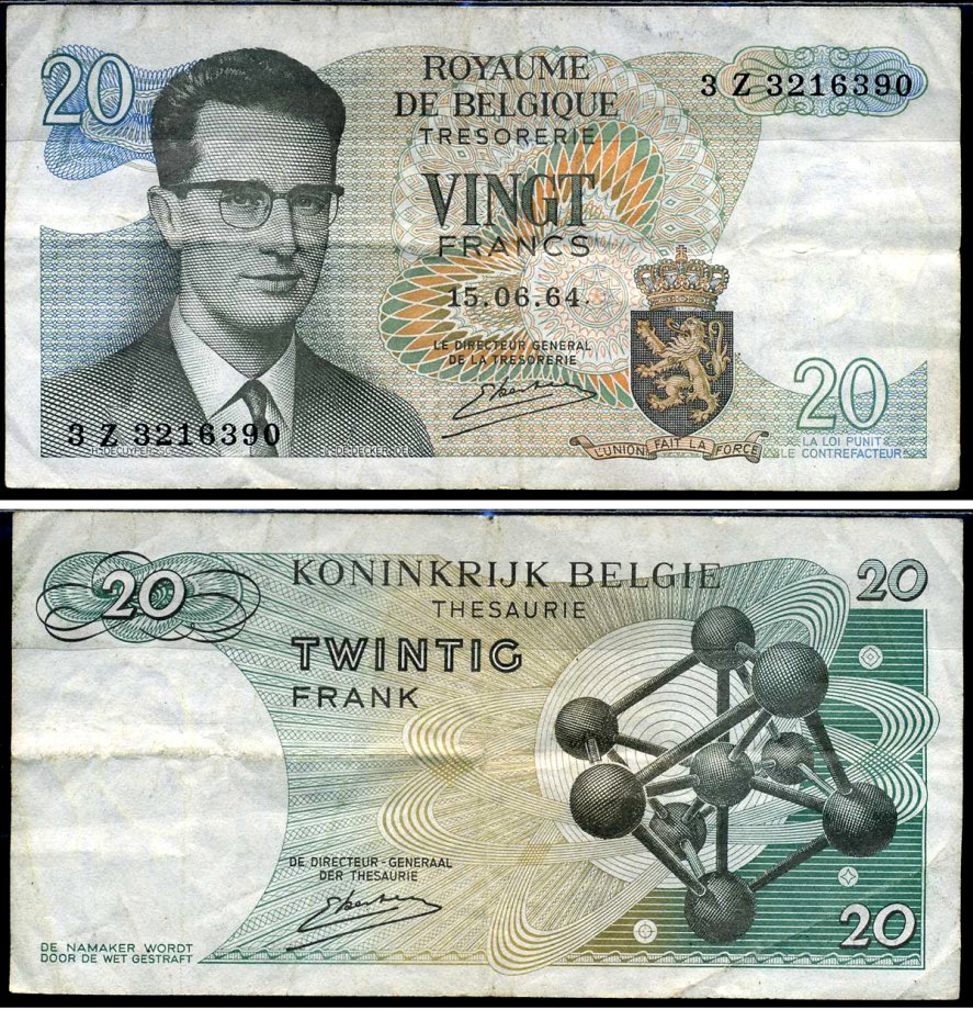 Бельгия 20 франков 1964 Бодуэн I, атомиум, Kestens Pick 138 (3) бумага 7221-14-1-2