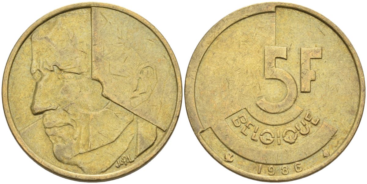 Бельгия 5 франков 1986 Belgique KM 163 алюминиевая бронза 4126-211