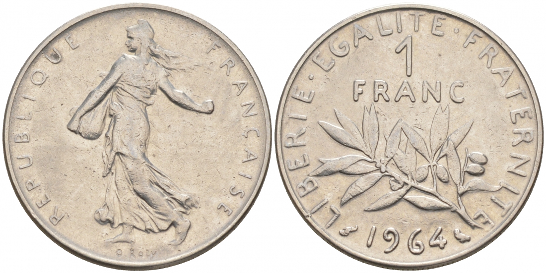 Франция 1 франк 1964 сеятель KM 925.1, Le Franc 226.8 никель 186-332