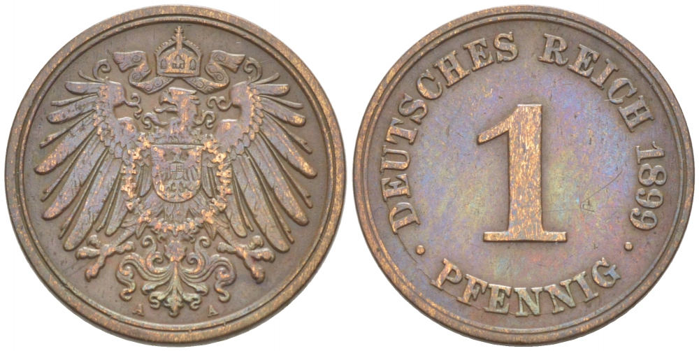 ГЕРМАНИЯ 1 ПФЕННИГ 1899 A KM 10, J. 10 медь 3955-467