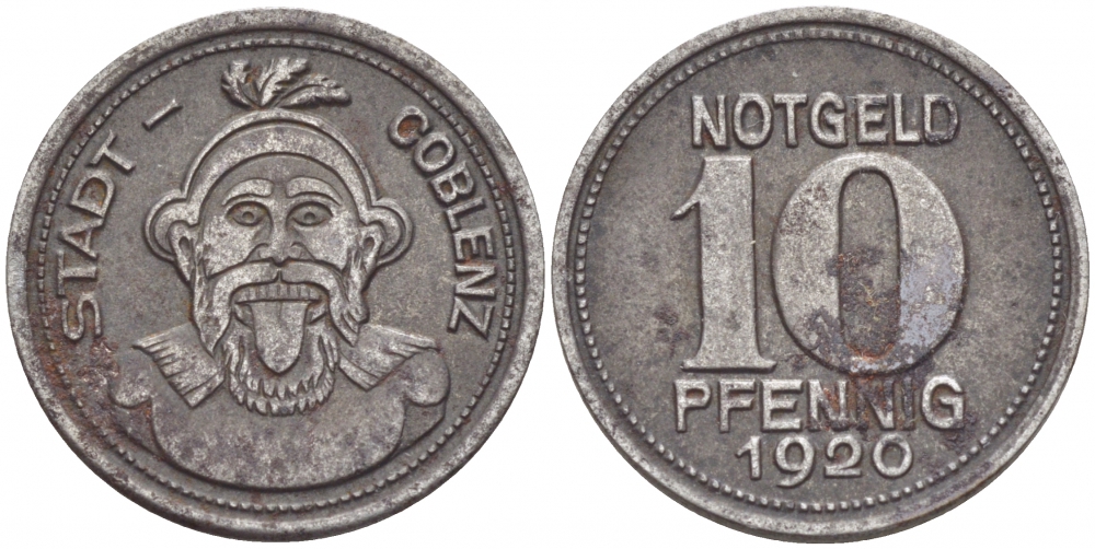 КОБЛЕНЦ 10 ПФЕННИГОВ 1920 НОТГЕЛЬД железо 3856-1014