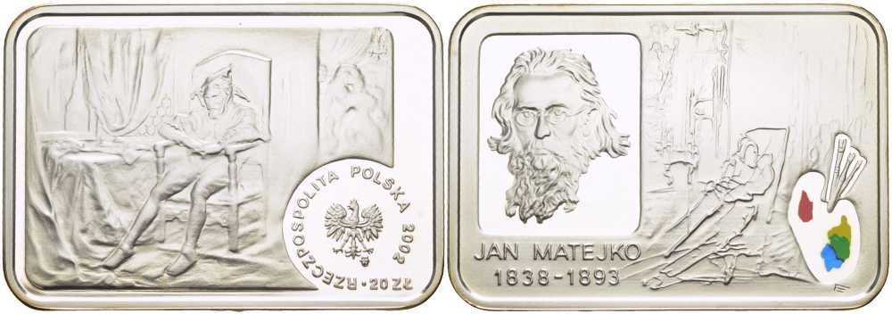 Польша 20 злотых 2002 MW, Польские художники XIX-XX вв. Ян Матейко, портрет шута в кресле, цветная эмаль KM 442 серебро PROOF 3-5-3-45