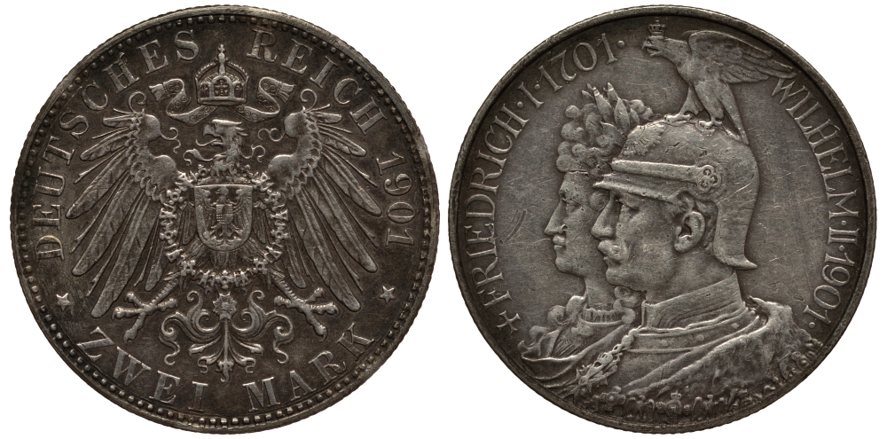 Пруссия 2 марки 1901 A, 200 лет Прусской королевской династии (Фридрих I - Вильгельм II) J.105, Weege 105, KM 525 серебро 3711-1124