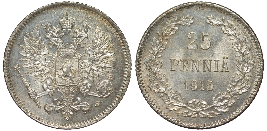 Россия для Финляндии 25 пенни 1915 S, Николай II (1894-1917) KM 6.2, Биткин 420 серебро 75-1219