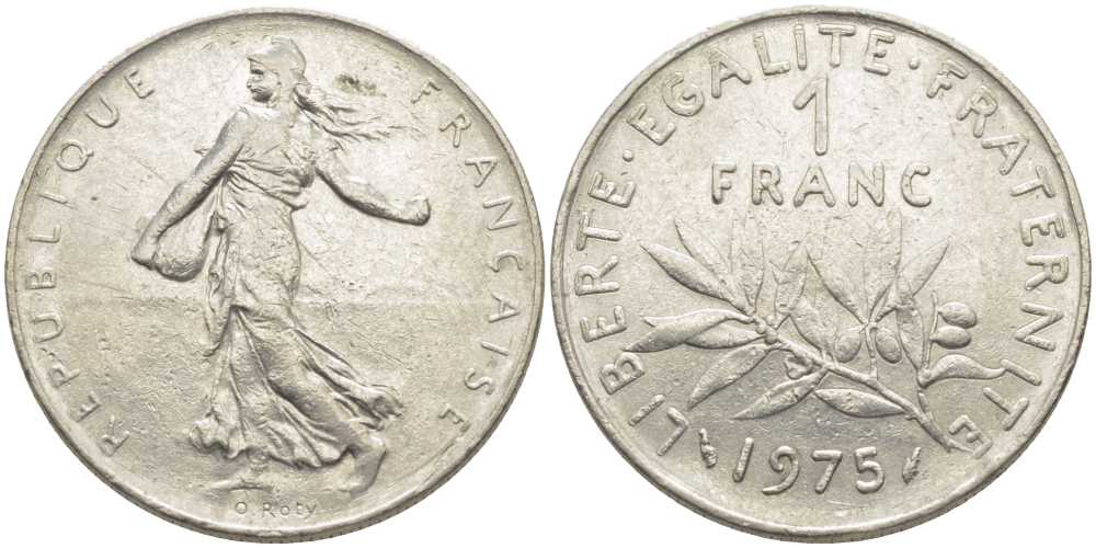 ФРАНЦИЯ 1 ФРАНК 1975 СЕЯТЕЛЬ KM 925.1, LE FRANC 226.20 никель 175-532
