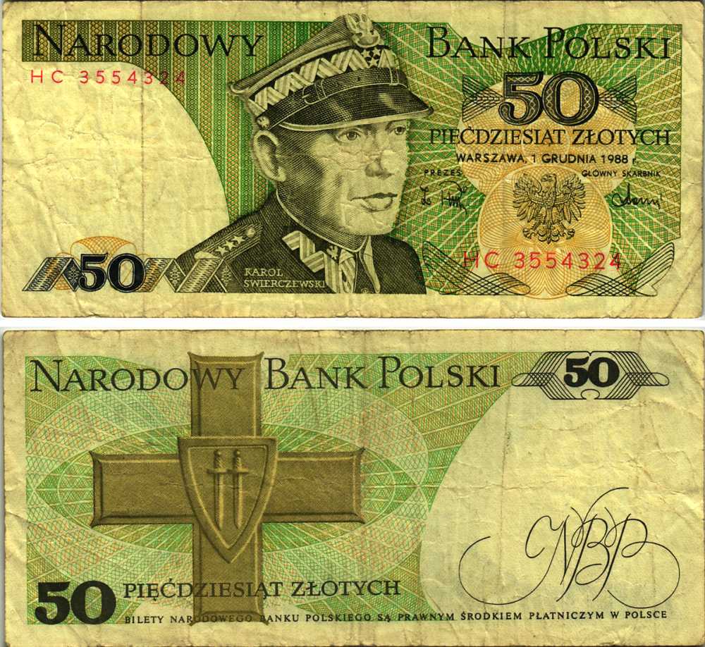 Польша 50 злотых 1988 Кароль Сверчевский, знак Грюнвальдского ордена Pick 142 c бумага 7484-21-3