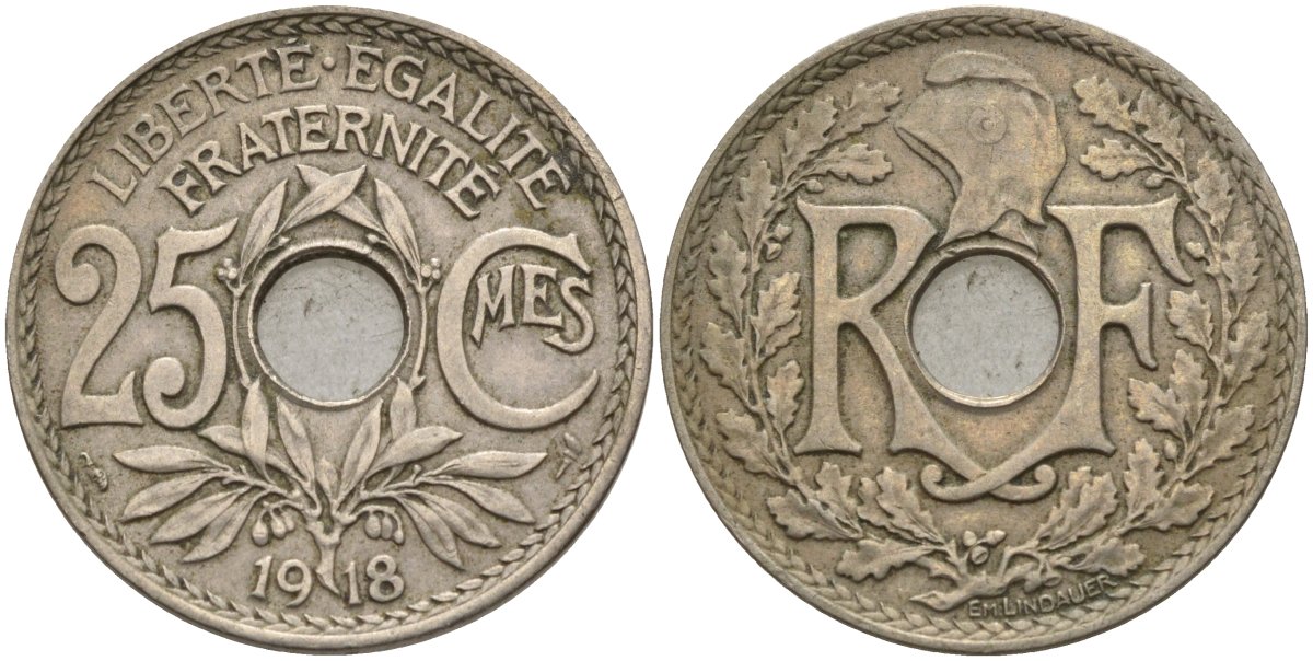 Франция 25 сантимов 1918 KM 867a, Le Franc 171.7 медно-никель 4142-1247