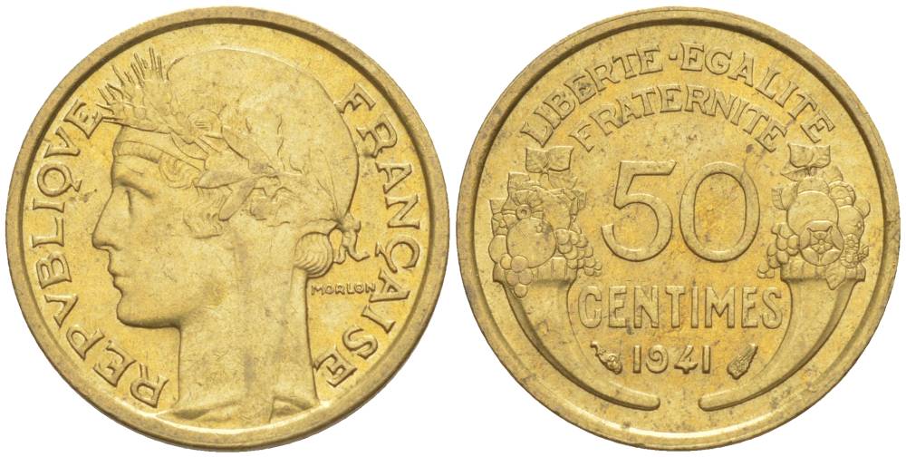 ФРАНЦИЯ 50 САНТИМОВ 1941 ТИП MORLON KM 894.1, LE FRANC 192.18 алюминиевая бронза 44-515