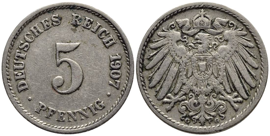 ГЕРМАНИЯ 5 ПФЕННИГОВ 1907 G KM 11, Jager 12, Weege 6 медно-никель 4547-462