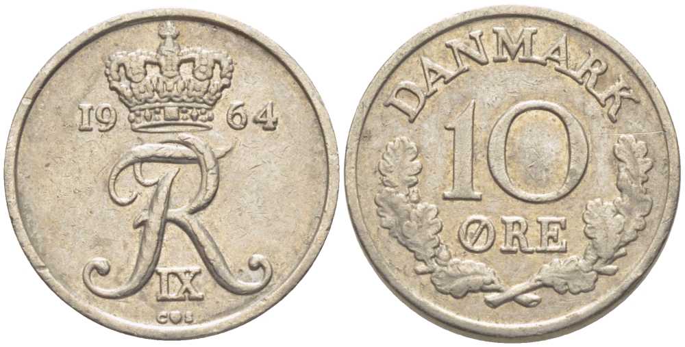 Дания 10 эре 1964 C; S, Фредерик IX (1947-1972) KM 849.1 медно-никель 201-1223