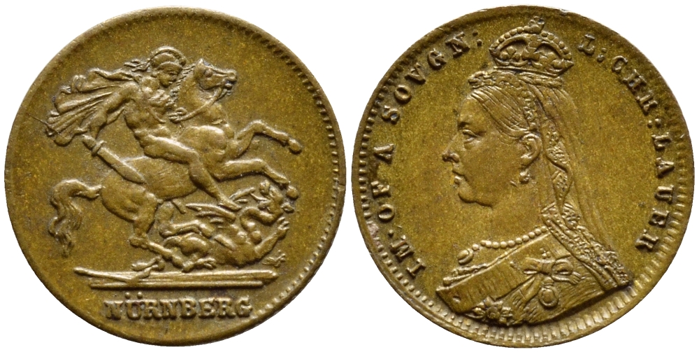 АНГЛИЯ ТОКЕН, ЖЕТОН ND КОРОЛЕВА ВИКТОРИЯ, ДИАМЕТР 13 ММ., НЮРЕНБЕРГ, ДИАМЕТР 13 ММ. латунь 188-315