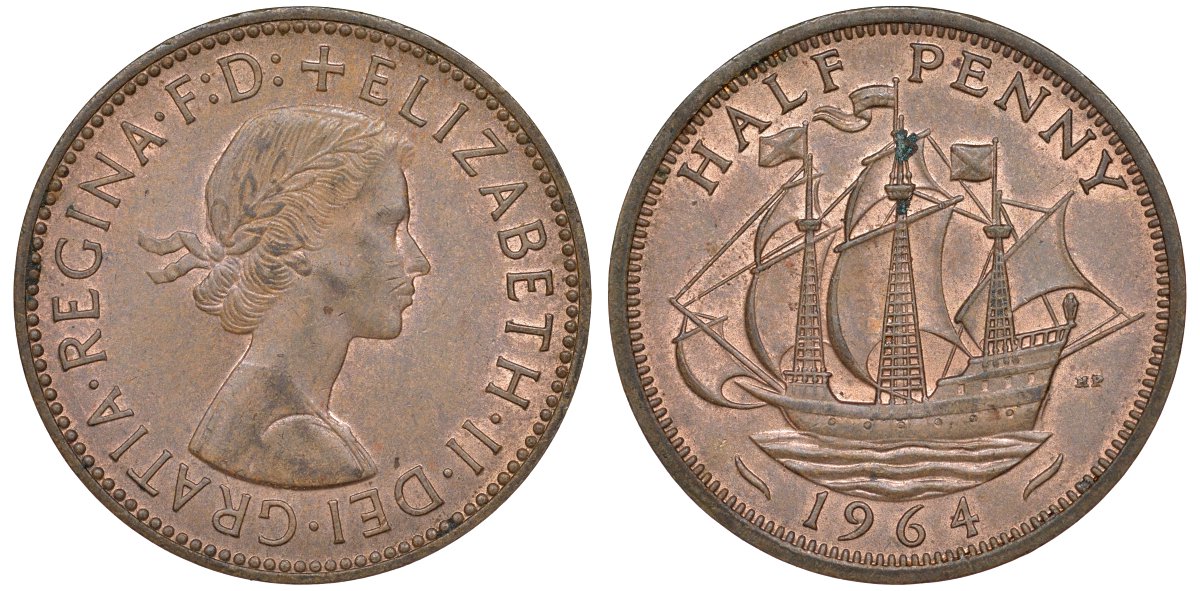 Великобритания 1/2 пенни 1964 Елизавета II (1952-2022) KM 896, Spink 4158 бронза 51-2011