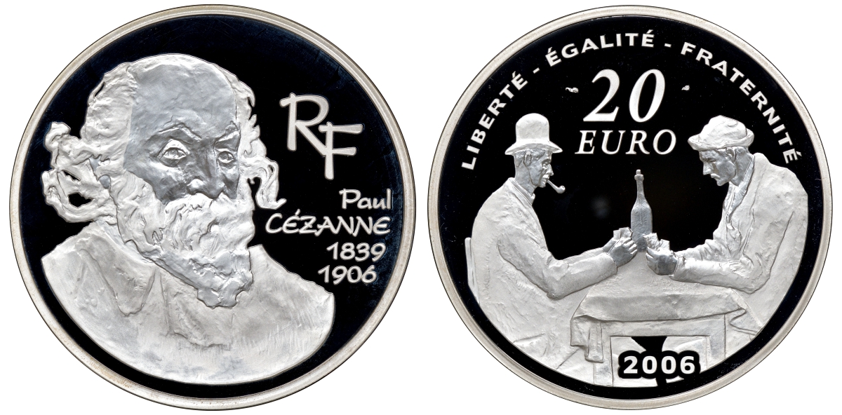 Франция 20 евро 2006 художник Поль Сезанн, картина Картежники, 155,5 грамм, тираж 500 экз., с сертификатом серебро PROOF 1-4-6-09