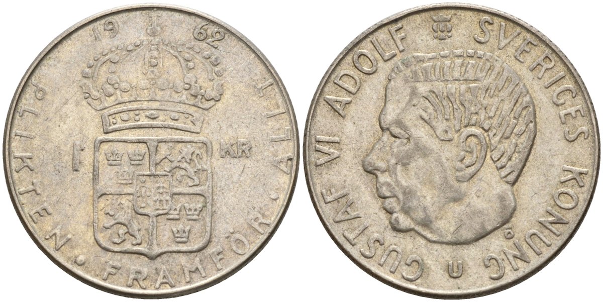 Швеция 1 крона 1962 U, Густав VI Адольф (1950-1973) KM 826 серебро 4150-125