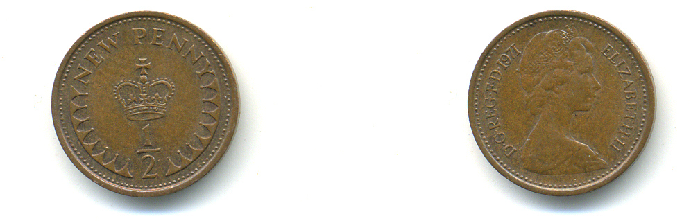 Великобритания 1/2 пенни 1971 Елизавета II (1952-2022) KM 914, Spink 4239 бронза 76-642