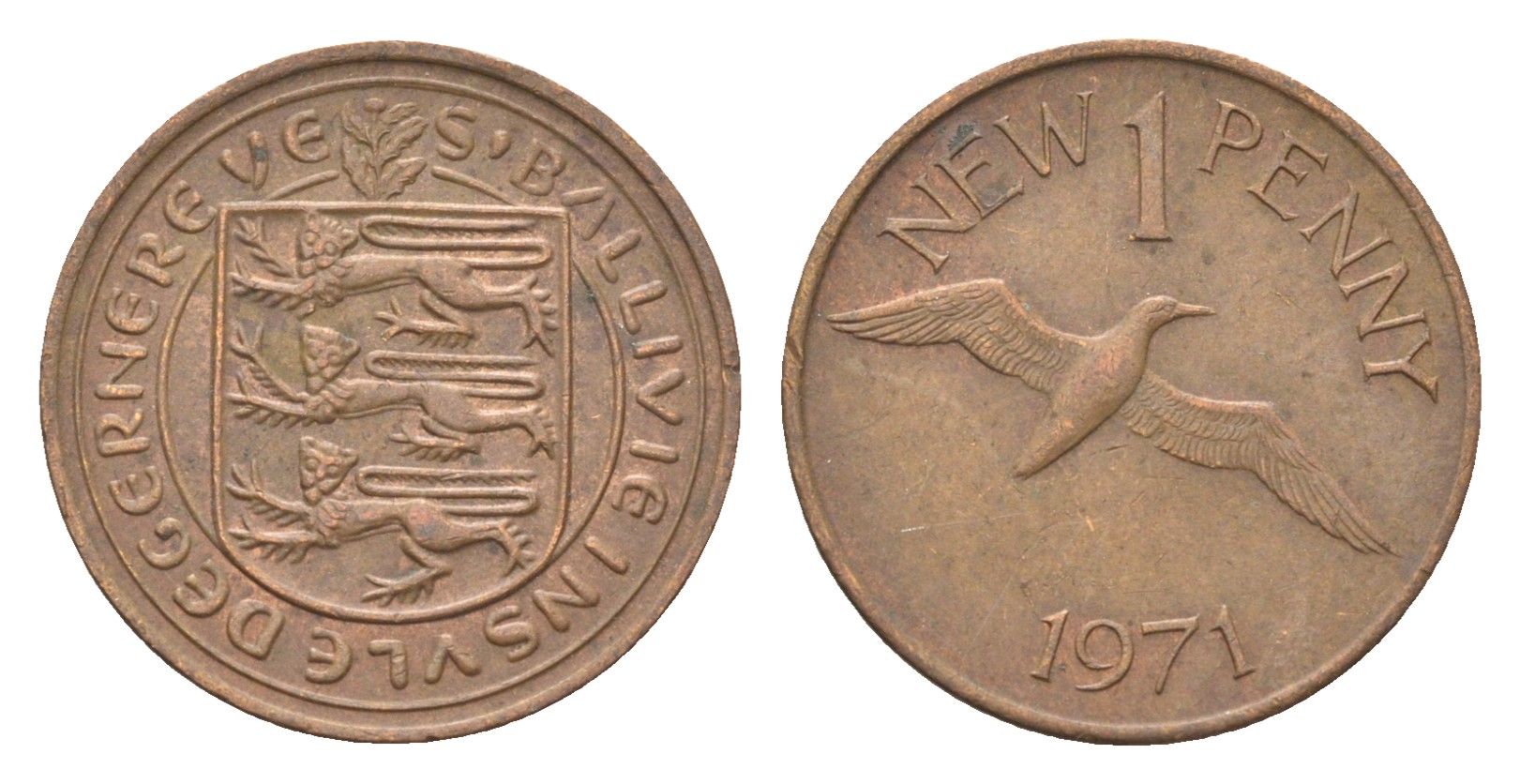 Гернси 1 новый пенни 1971 Елизавета II (1952-2022), северная олуша в полете KM 21 бронза 4702-742