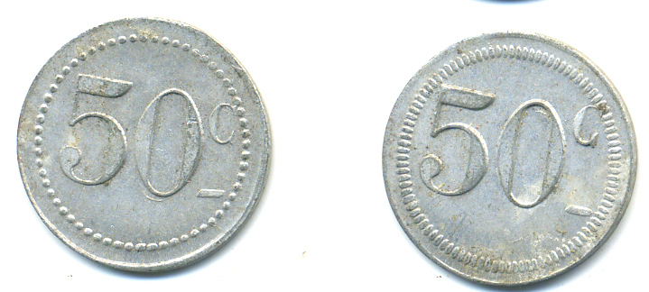 ФРАНЦИЯ 50 САНТИМОВ НАЧАЛО XX ВЕКА d 24 мм, вес около 1,0 гр., платежный жетон алюминий 89-932