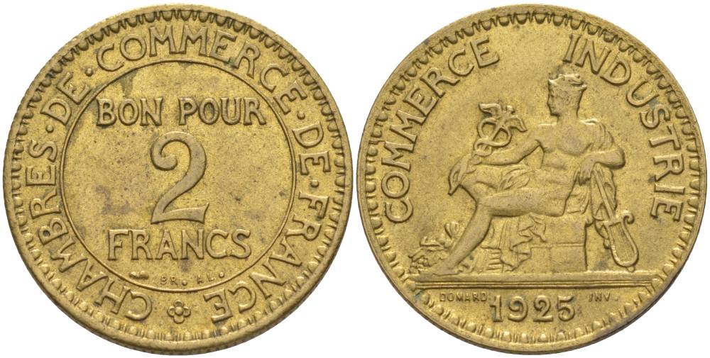 ФРАНЦИЯ 2 ФРАНКА 1925 ТИП CHAMBRES DE COMMERCE KM 877, LE FRANC 267.7 алюминиевая бронза 69-1232
