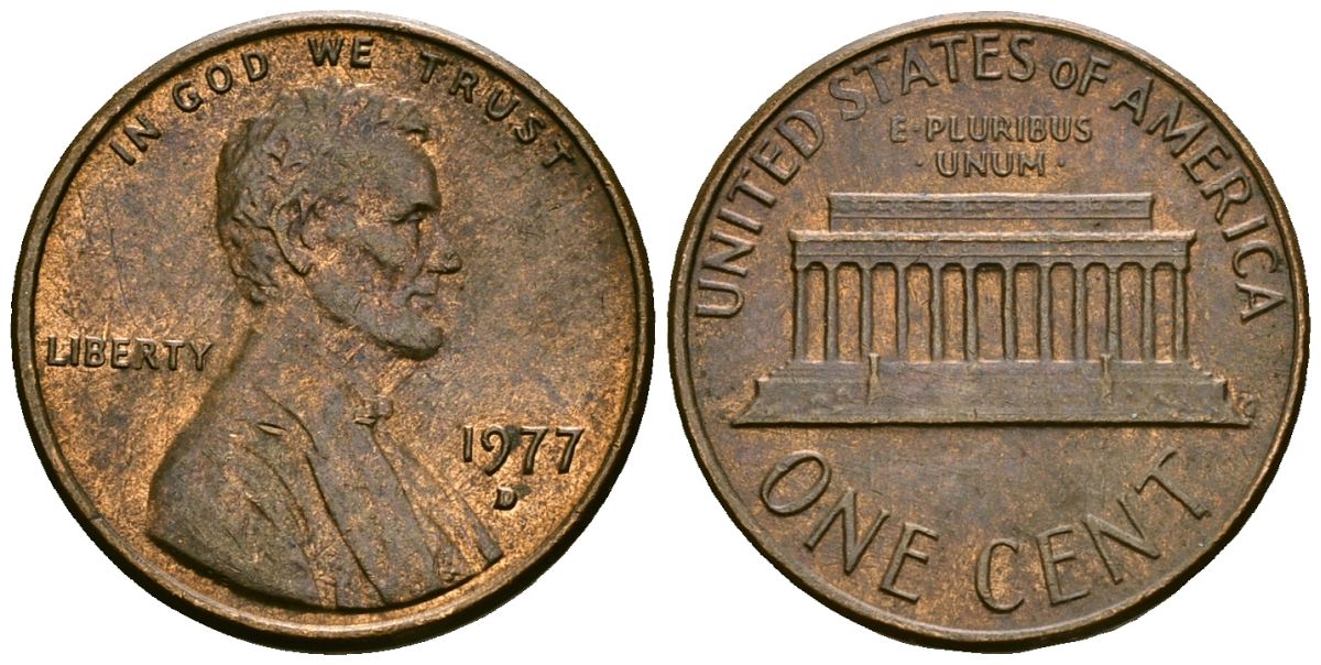 США 1 цент 1977 D, Линкольн KM 201 медь цинк 4136-152