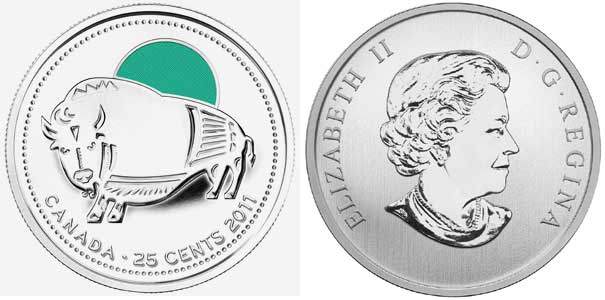 КАНАДА 25 ЦЕНТОВ 2011 СЕРИЯ ЖИВОТНЫЕ КАНАДЫ - БИЗОН, ЦВЕТНАЯ ЭМАЛЬ KM NEW никелированная сталь UNC M47-16