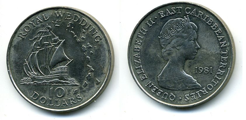 Восточно-Карибские территории 10 долларов 1981 королевская свадьба медно-никель 00-00
