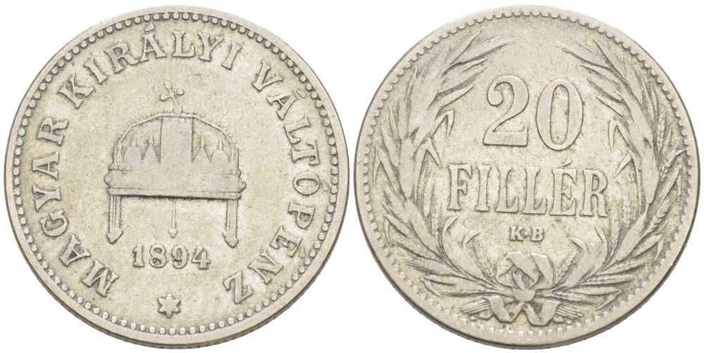 Венгрия 20 филлеров 1894 KB, Франц Иосиф I (1848-1916) KM 483 никель 117-813