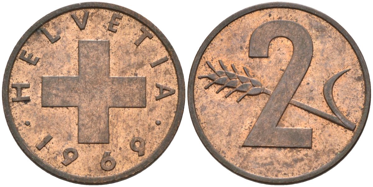 Швейцария 2 раппена 1969 KM 47 бронза 65-411