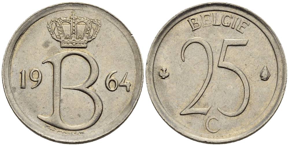 Бельгия 25 сантимов 1964 Belgie, Бодуэн I (1951-1993) KM 154.1 медно-никель 4528-968
