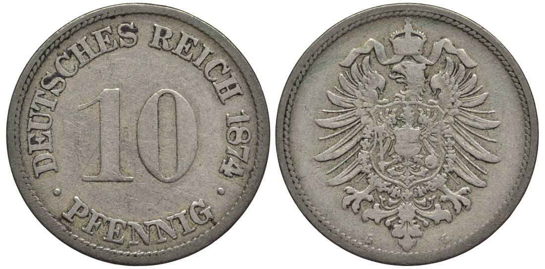 ГЕРМАНИЯ 10 ПФЕННИГОВ 1874 G, СТАРОГЕРБОВКА KM 4, Jager 4, Weege 7 медно-никель 4546-1117