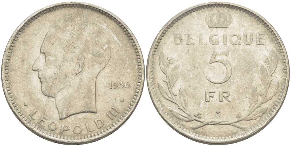 Бельгия 5 франков 1936 Леопольд III (1934-1951), Belgique KM 118 никель 3851-443