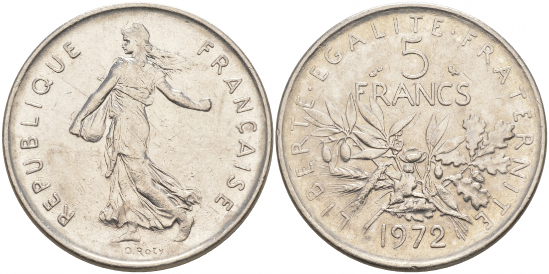 ФРАНЦИЯ 5 ФРАНКОВ 1972 СЕЯТЕЛЬ KM 926a.1, LE FRANC 341.4 медно-никель плакированный никелем 3855-721