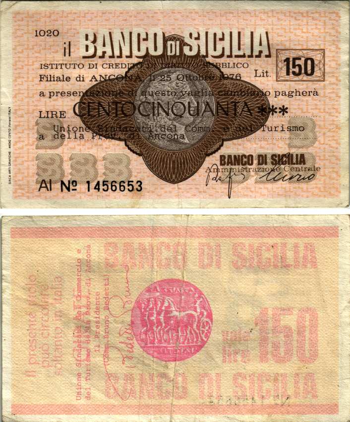 Италия чек на 150 лир 1976 25 октября 1976, IL Banca Di Sicilia бумага 7204-47-3-1