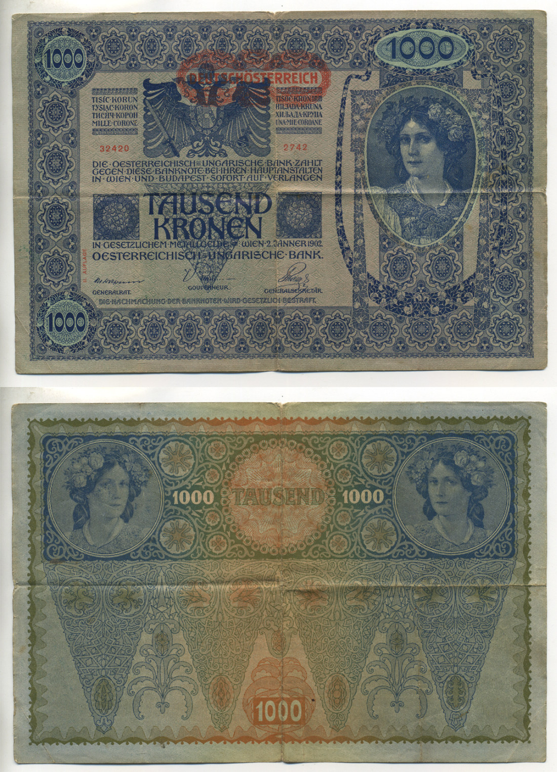 АВСТРИЯ 1000 КРОН 1919 КРАСНАЯ ГОРИЗОНТАЛЬНАЯ НАДПЕЧАТКА НА 1902 Pick 60 бумага 6299-41-3