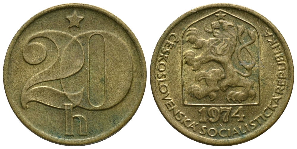 ЧЕХОСЛОВАКИЯ 20 ГЕЛЛЕРОВ 1974 KM 74 латунь 54-949