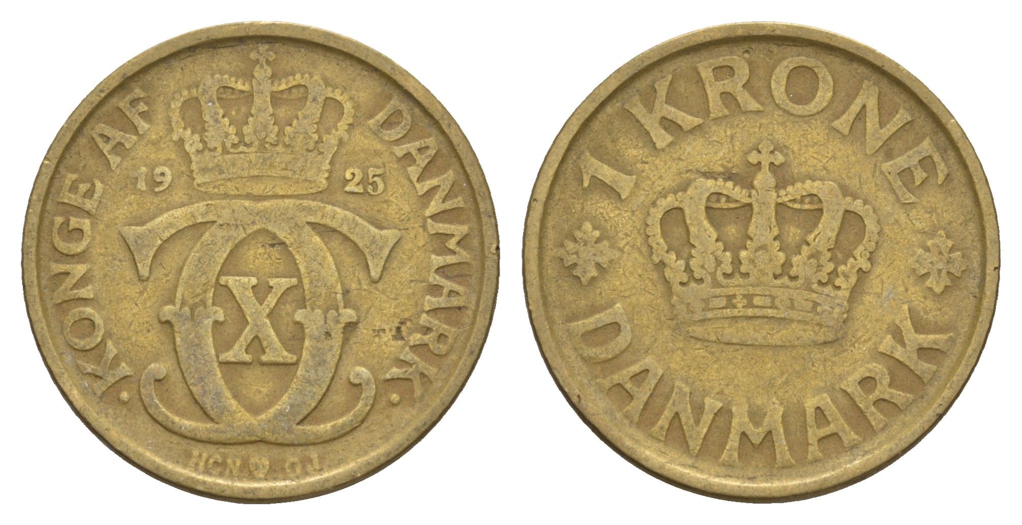 Дания 1 крона 1925 HCN, Кристиан X (1912-1947) KM 824 алюминиевая бронза 4657-323