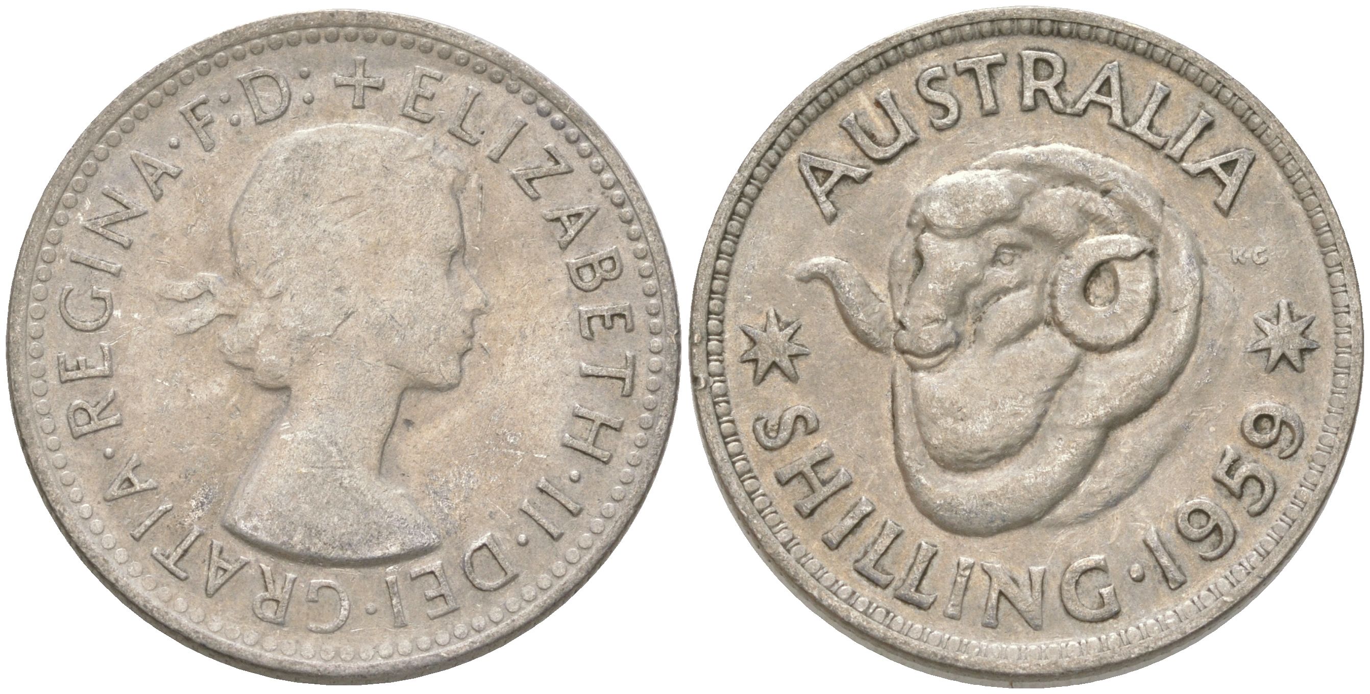 Австралия 1 шиллинг 1959 M, Елизавета II (1952-2022), овца меринос KM 59 серебро 4622-221