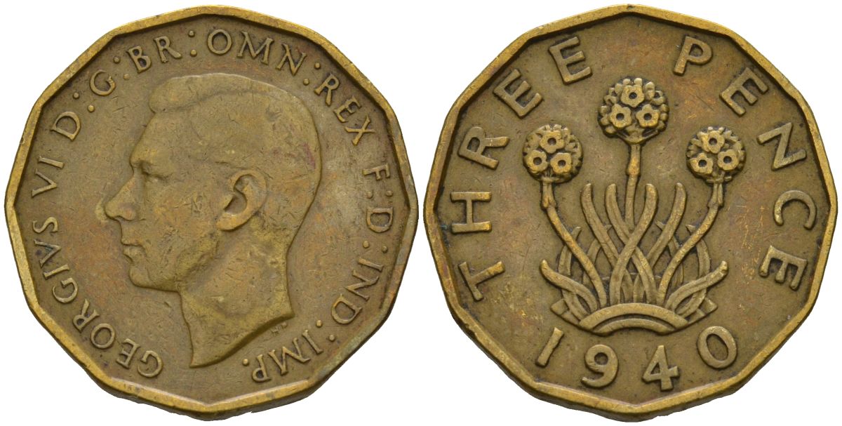 Великобритания 3 пенса 1940 Георг VI (1936-1952) KM 849, Spink 4112 никель латунь 4153-721