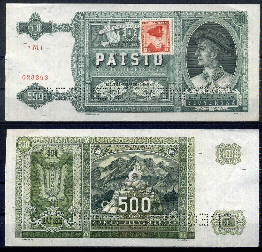 Чехословакия 500 крон 1941 (1945) Образец, SPECIMEN, с маркой. Pick 54 бумага 451-1096-2