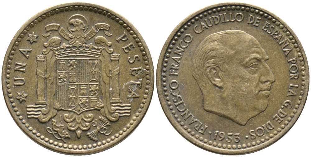 Испания 1 песета 1953 (56) Франциско Франко (1939-1975) KM 775 алюминиевая бронза 110-1127