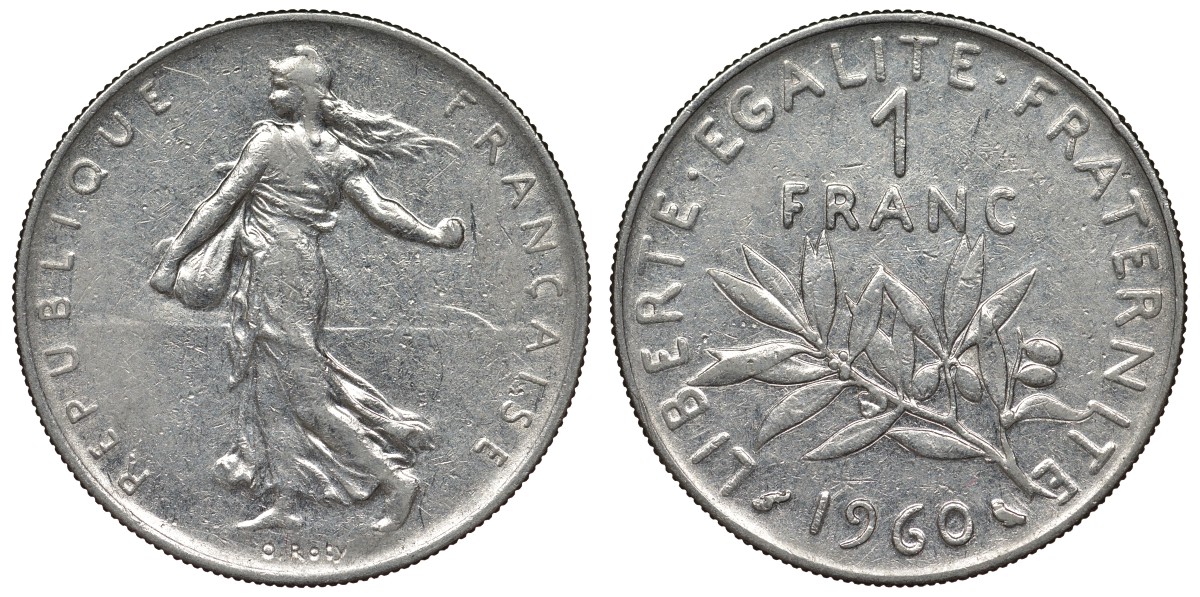 Франция 1 франк 1960 сеятель KM 925.1, Le Franc 226.5 никель 4128-421