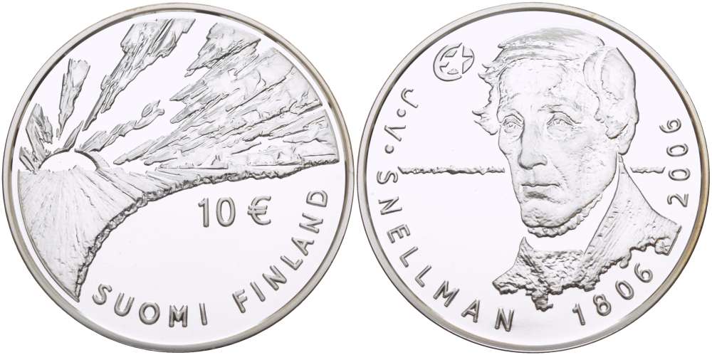 Финляндия 10 евро 2006 200 лет со дня рождения Йохана Снелльмана, философ KM 124 серебро PROOF 1085-9-51