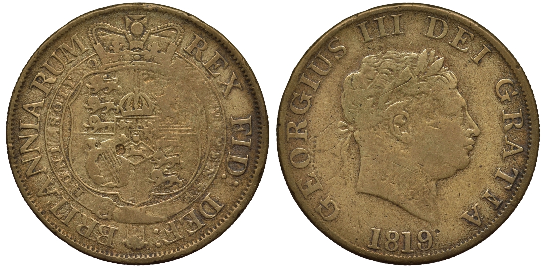 Великобритания 1/2 кроны  1819 Георг III (1760-1820) подделка в ущерб обращения Spink 3789 латунь    1524-535